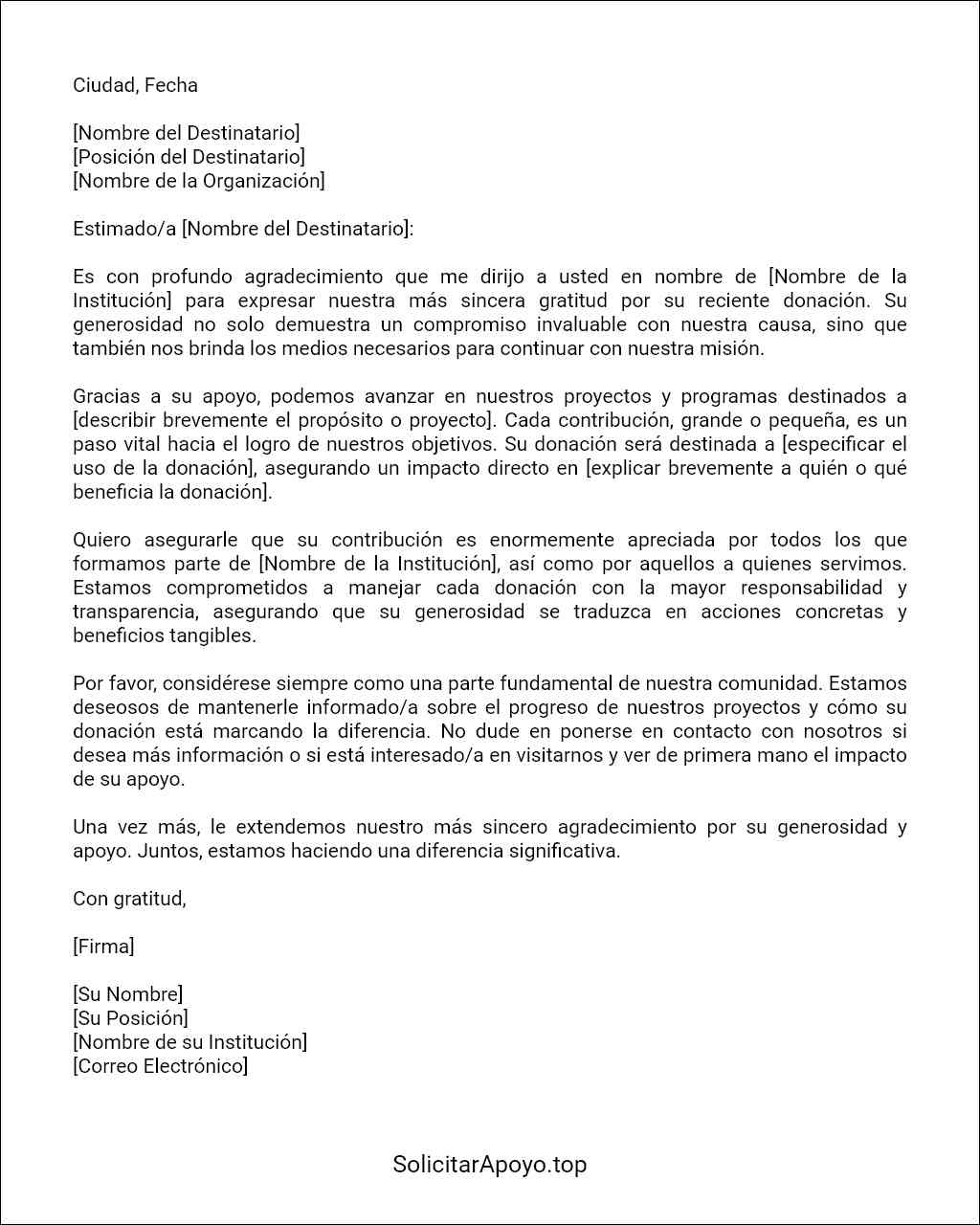 carta de agradecimiento por donación formato