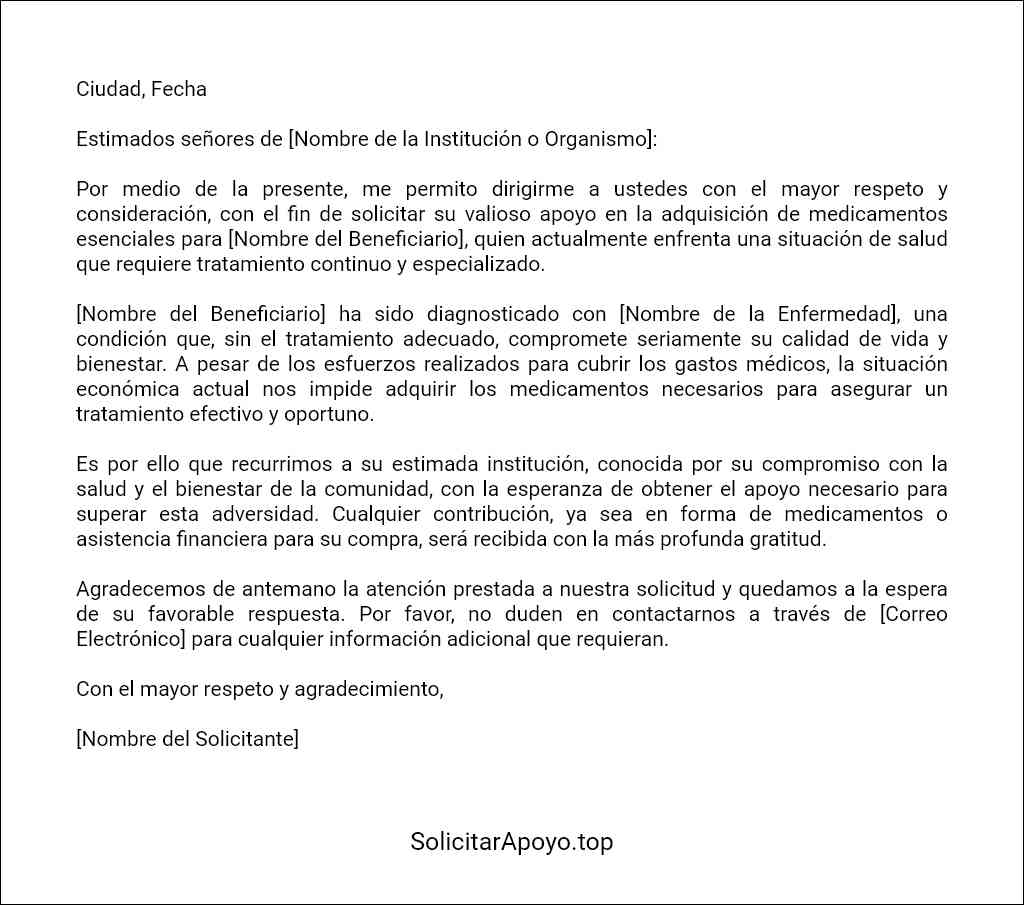 formato recomendado para una carta de solicitud de apoyo para medicamentos