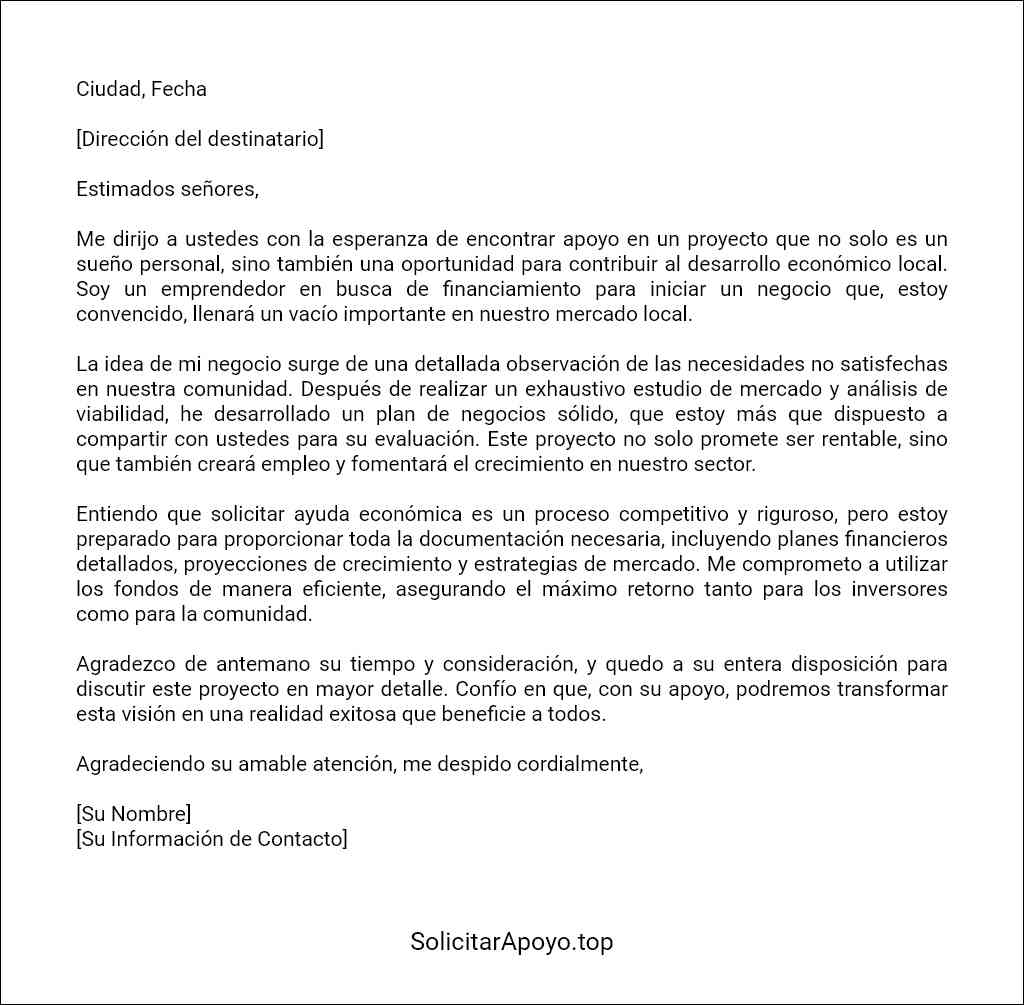 como elaborar una carta de solicitud de ayuda económica para iniciar un negocio