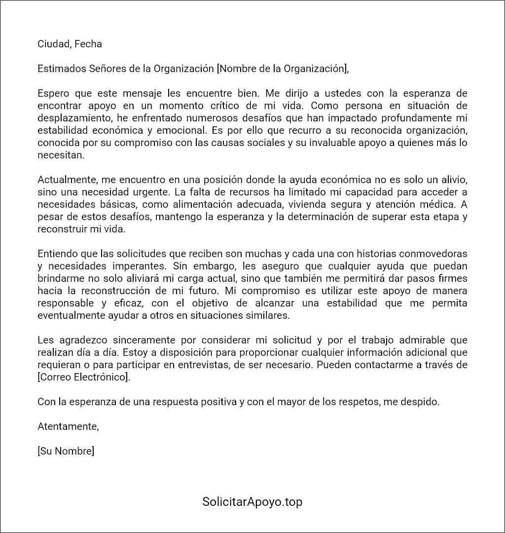 carta de solicitud de ayuda económica para personas en situación de desplazamiento modelo