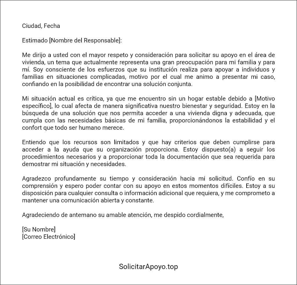 carta para solicitar ayuda de vivienda plantilla