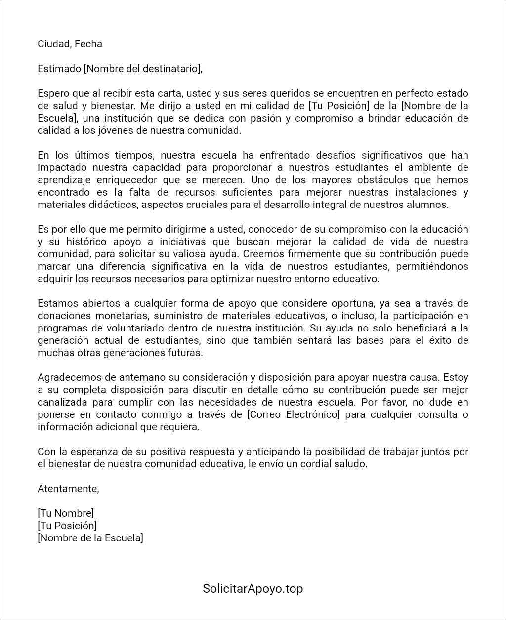 ejemplo de carta para solicitar ayuda para una escuela 