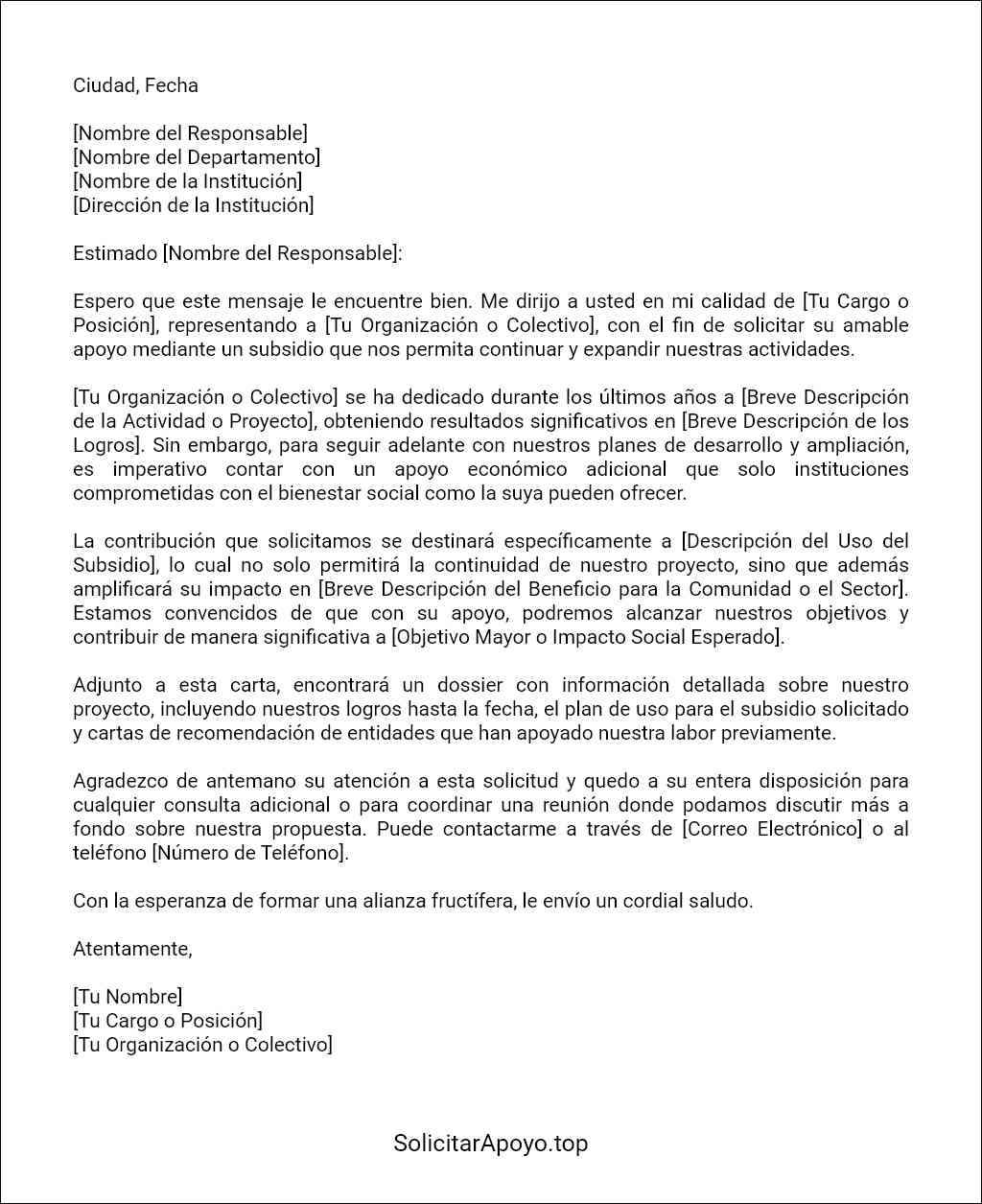 modelo de carta para solicitar subsidio