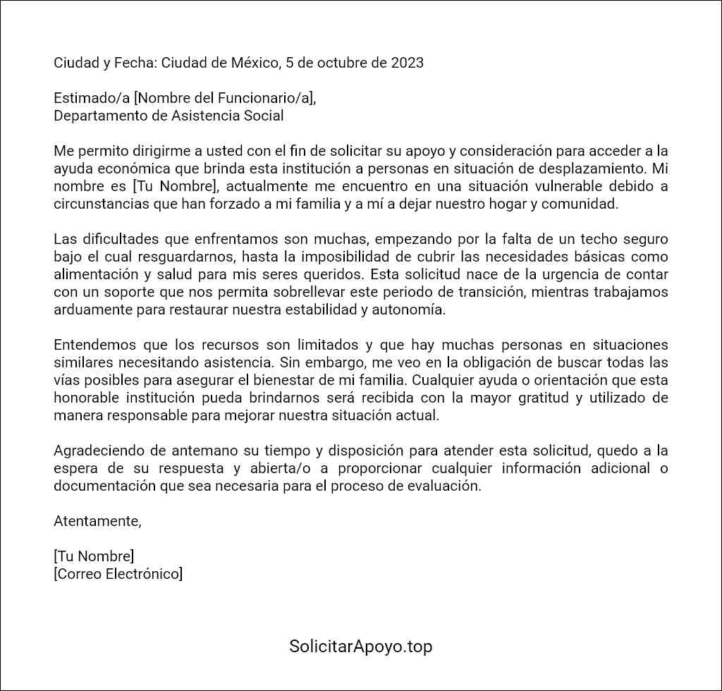 plantilla de carta de solicitud de ayuda económica para personas en situación de desplazamiento 